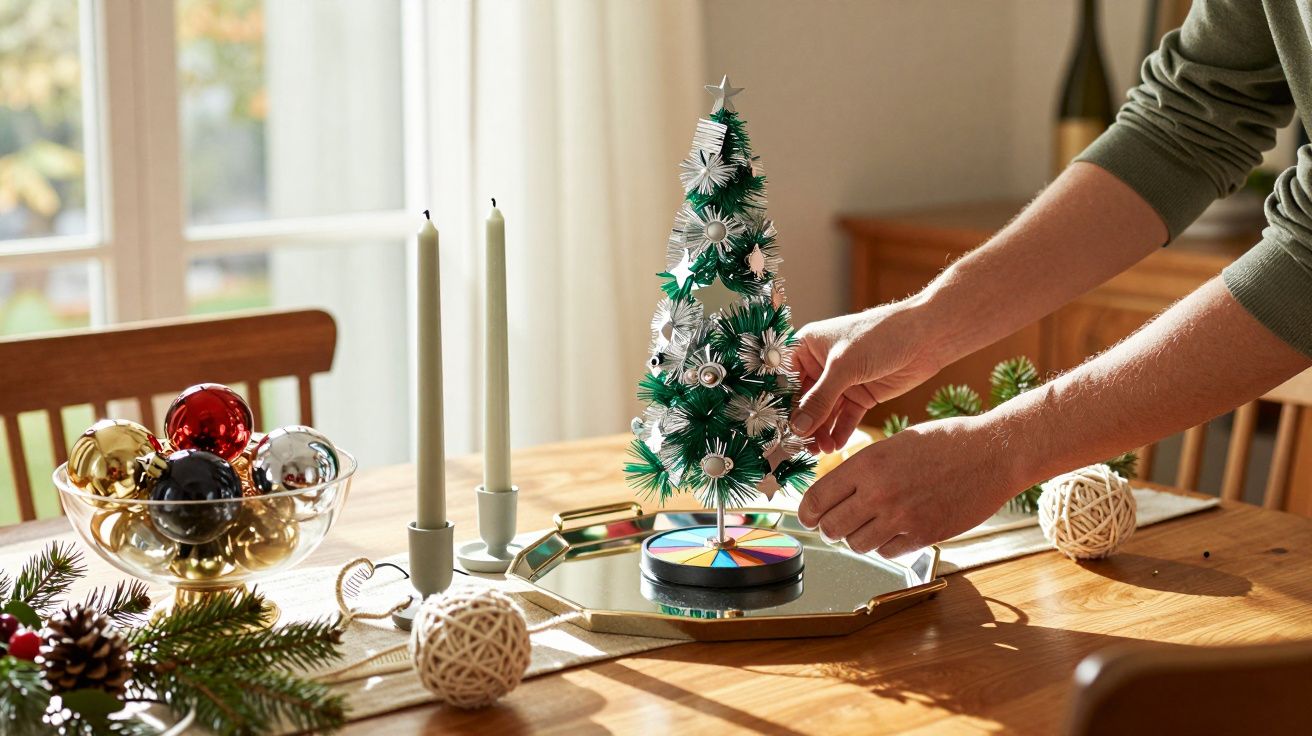 Pessoa a decorar mini árvore de Natal numa mesa bem iluminada, com ornamentos e velas.