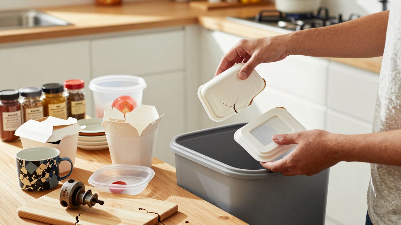 Pessoa a separar recipientes partidos na cozinha, com especiarias e utensílios sobre a bancada.