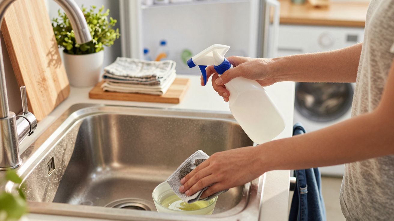 Pessoa a lavar loiça no lava-loiça da cozinha com uma esponja e um frasco de spray. Ao fundo, toalhas dobradas.