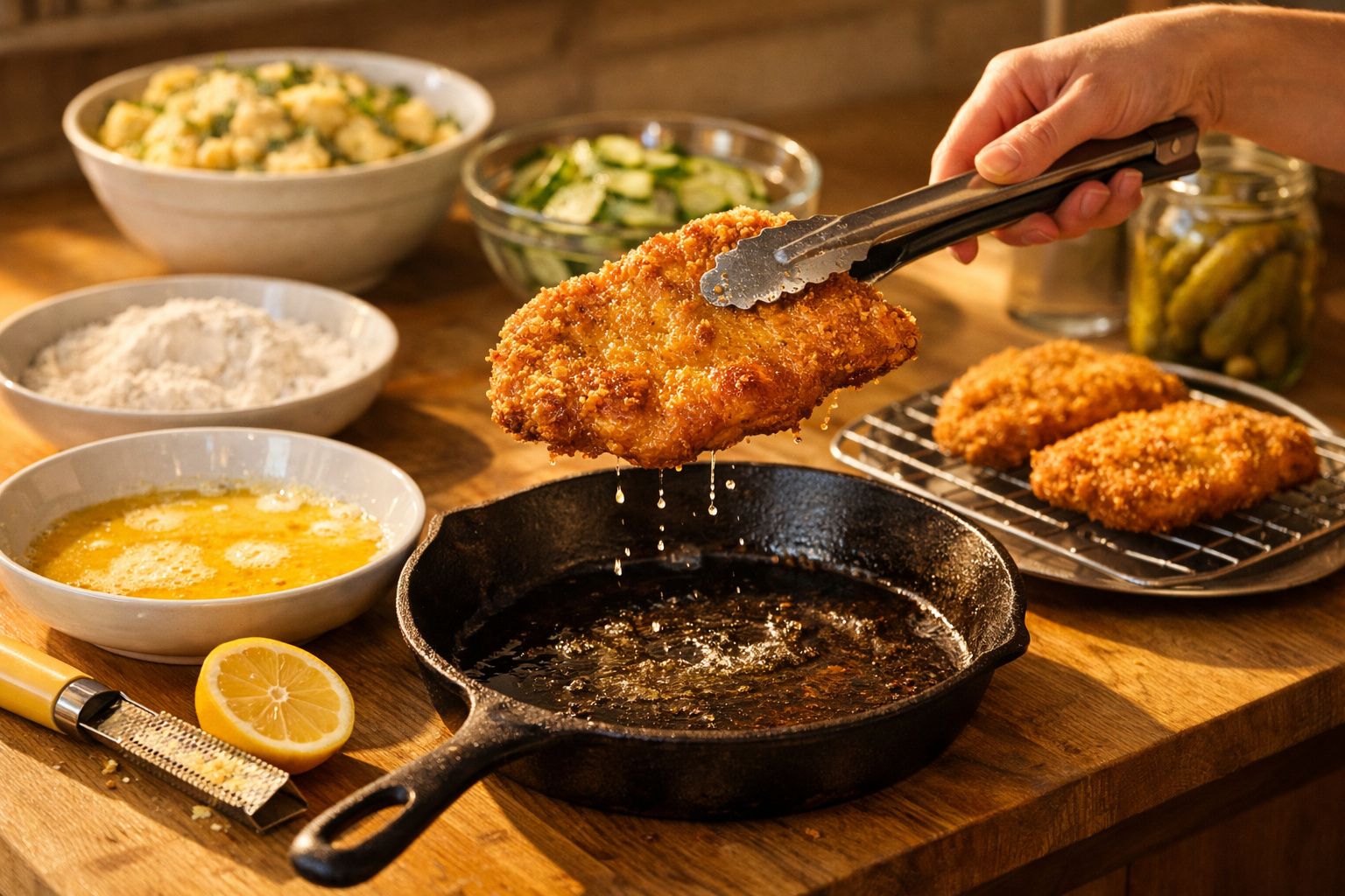 Mão segurando tenaz com schnitzel frito numa frigideira, rodeado por ingredientes e alimentos numa mesa de cozinha.