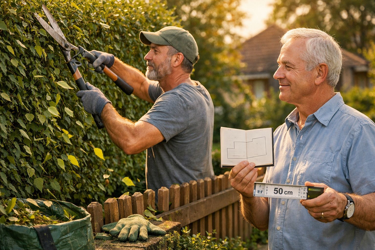 Dois homens a cuidar de uma sebe; um corta-a, enquanto o outro segura esquemas e uma régua.