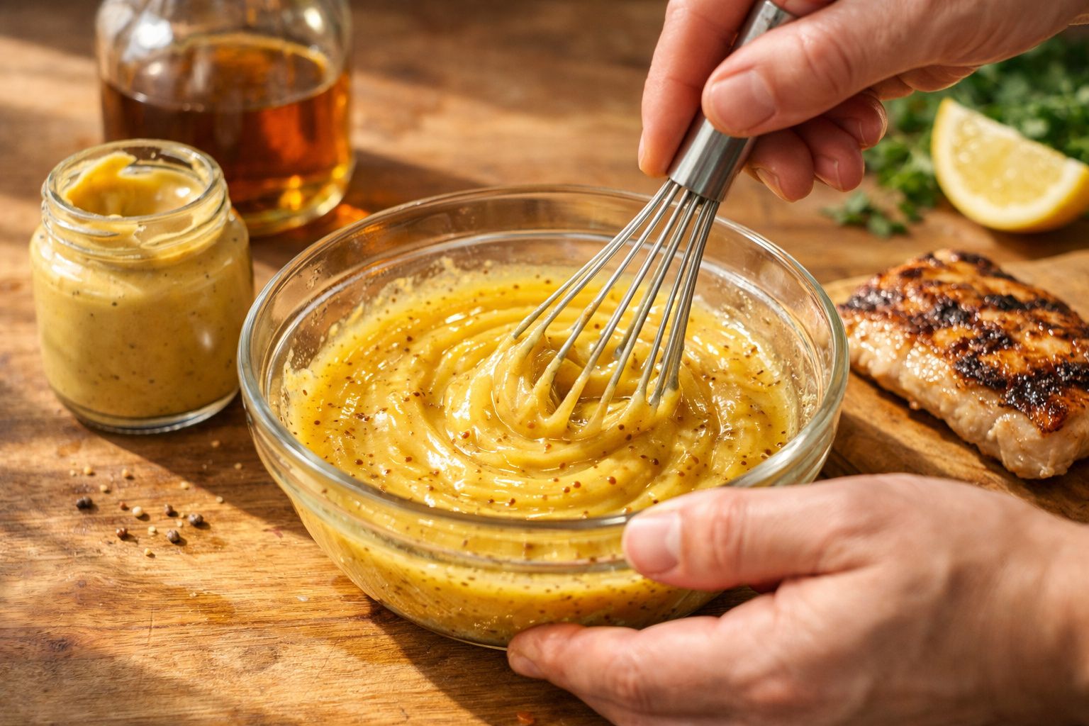 Mãos misturando molho amarelo com batedor numa taça de vidro, com jarra de molho, limão e carne grelhada ao fundo.
