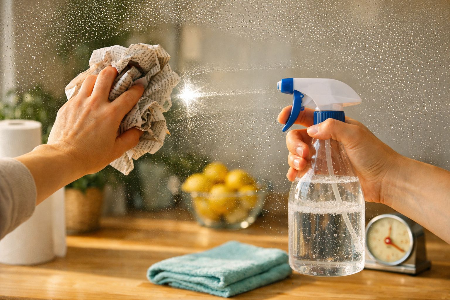 Pessoa limpa janela com spray e pano, mesa ao fundo com frutas e rolo de papel.