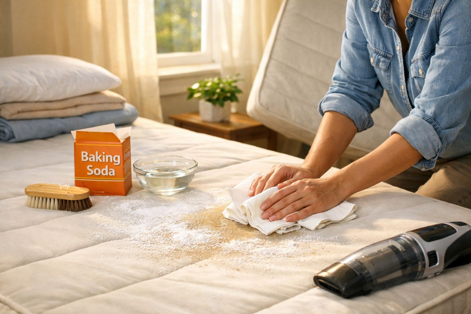 Mãos limpando uma cama com borrifador e pó branco, com toalhas dobradas e escova ao lado.