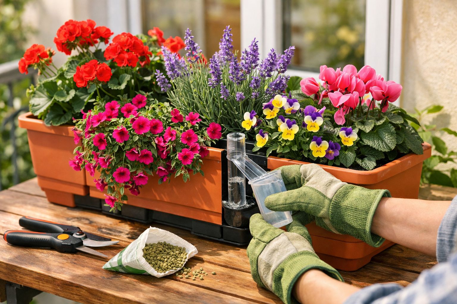Vaso com flores coloridas num jardim, tesoura, sementes e mãos com luvas a regar.