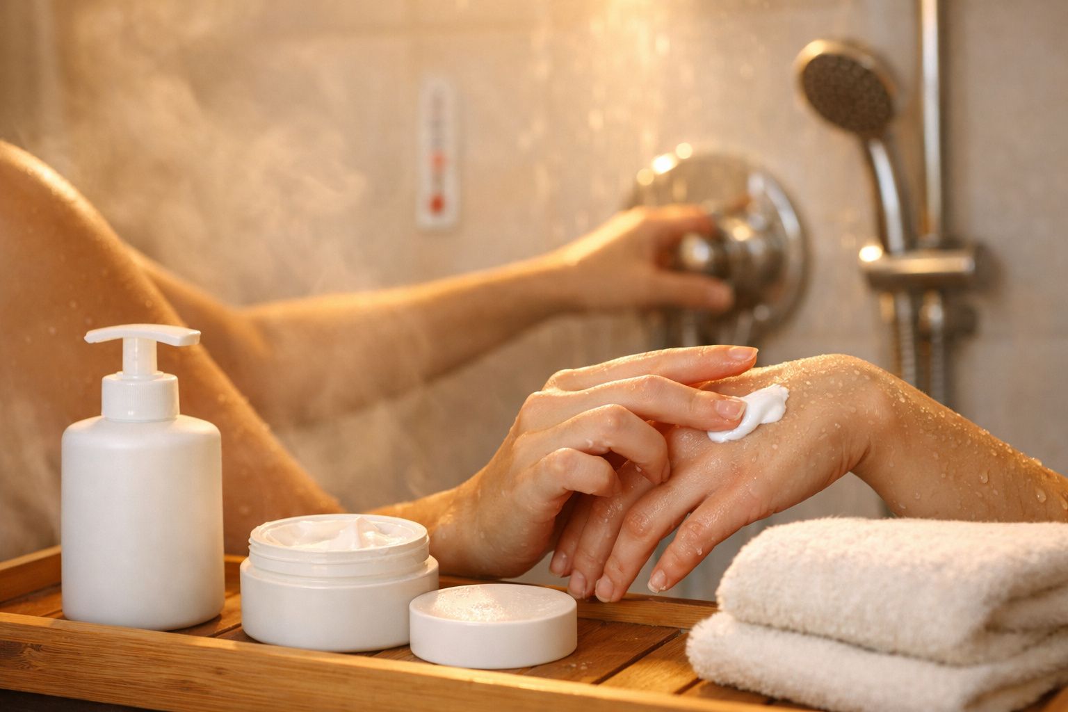 Mãos aplicando creme hidratante num duche com vapor; frascos e toalhas sobre prateleira de madeira.