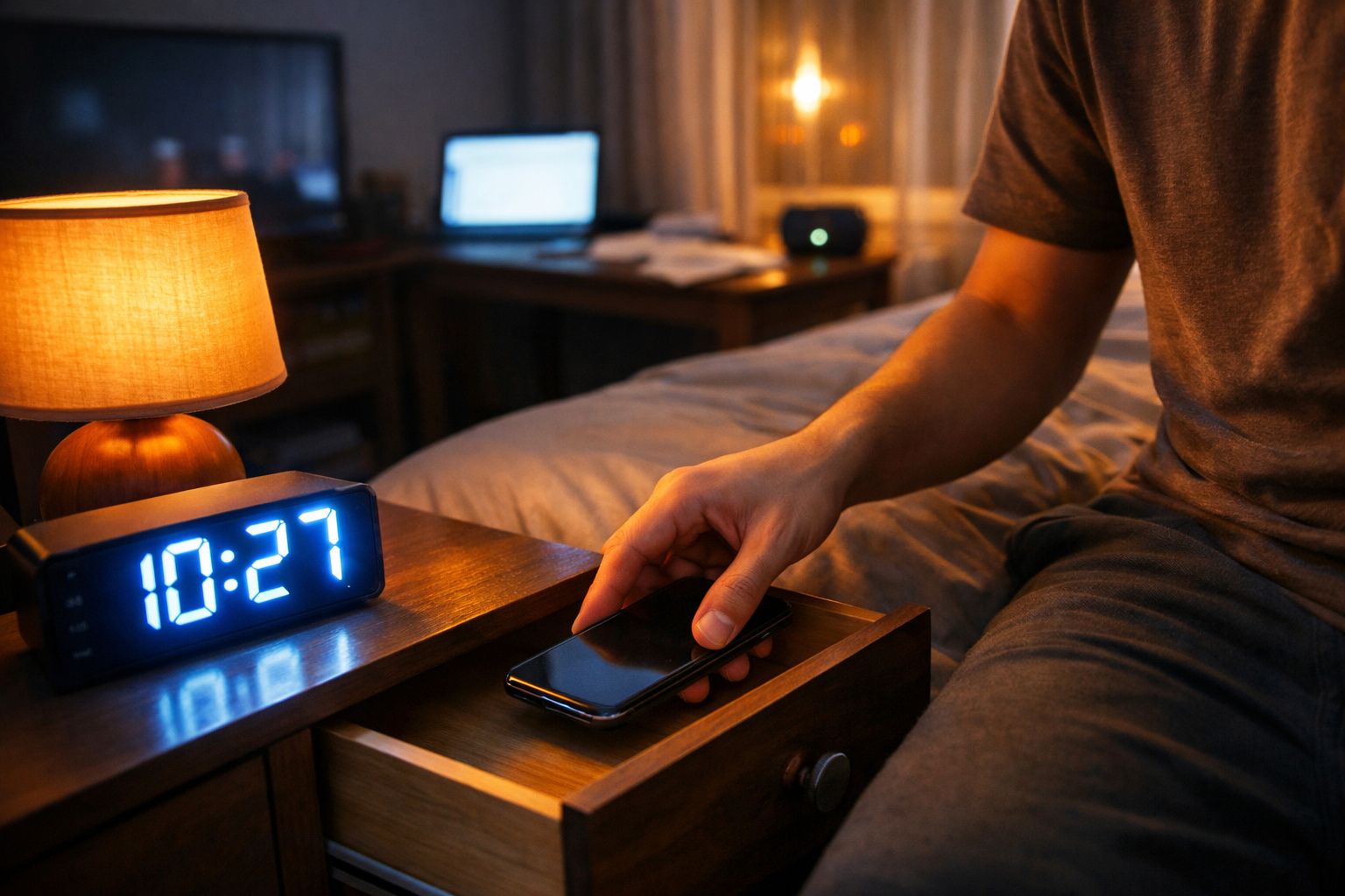 Mão a guardar um telemóvel na gaveta de uma mesa de cabeceira ao lado de uma cama e um despertador marcando 12:00.
