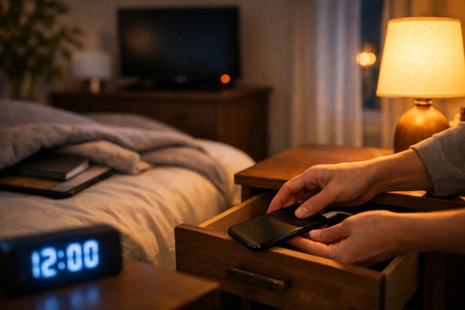 Mãos a guardar um telemóvel numa gaveta ao lado de uma cama com despertador marcando 12:00 e abajur aceso.