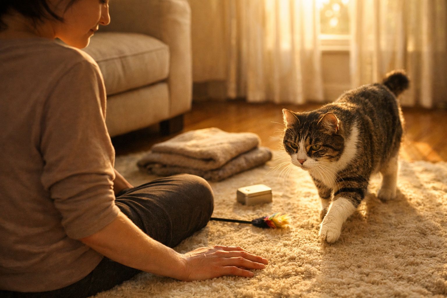 Gato a caminhar num piso de madeira, com pessoa em posição de meditação ao fundo.