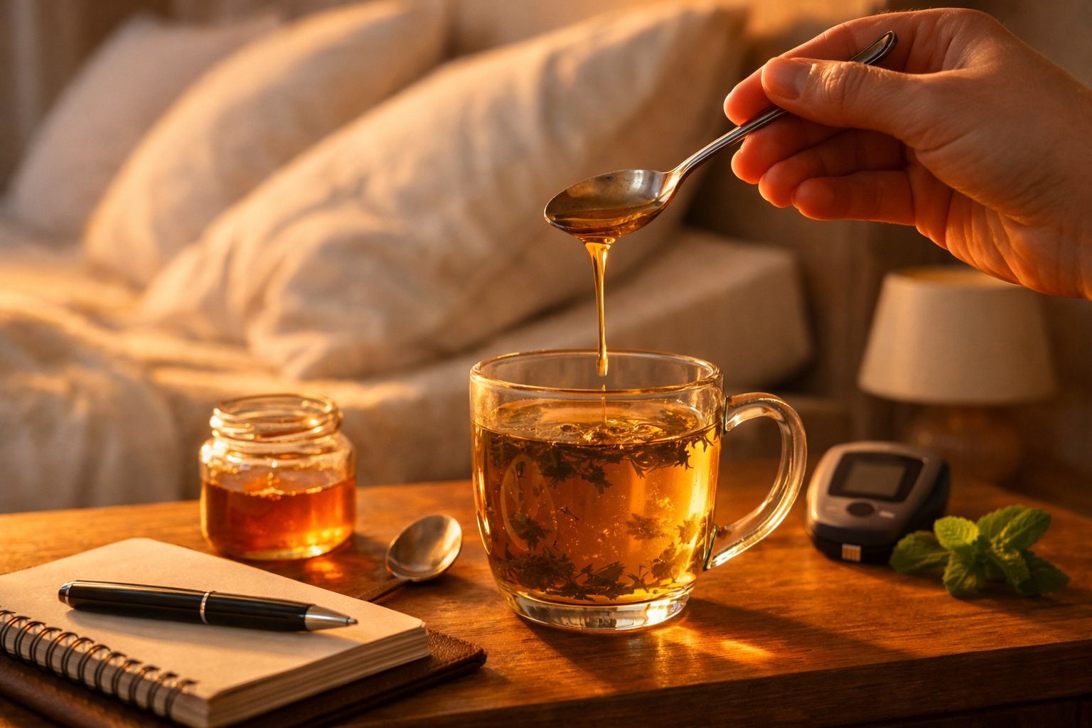 Mão vertendo mel sobre chá numa chávena com camomila, ao lado de caderno, copo de água e fatias de gengibre.