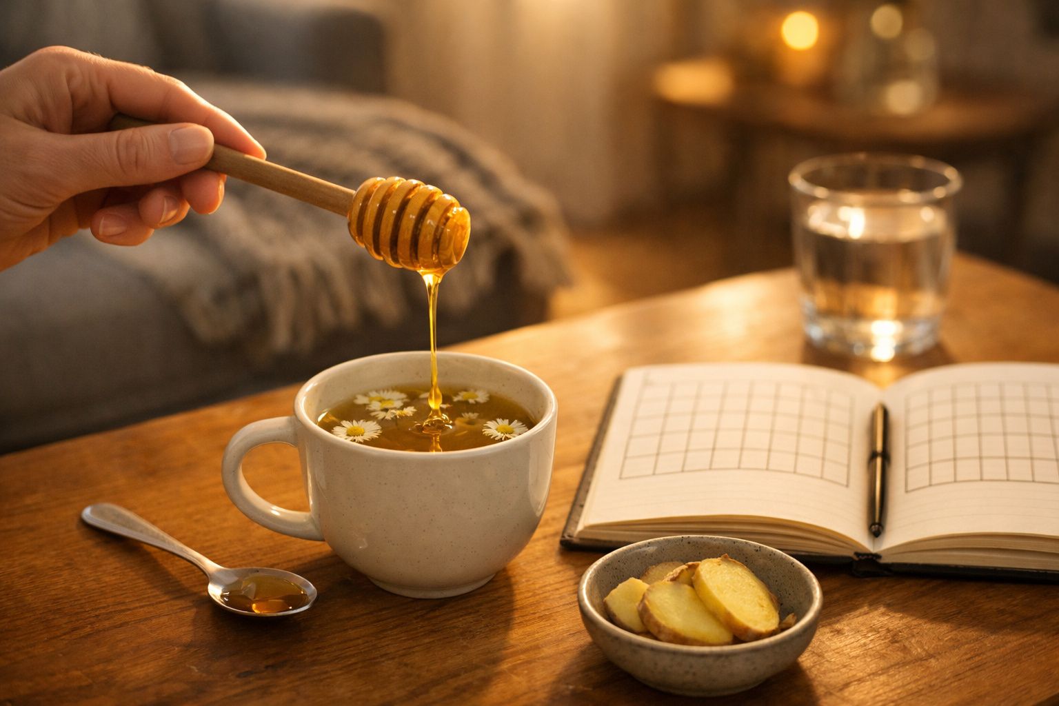 Chá com flores numa caneca, mel a ser adicionado, caderno aberto, fatias de gengibre e copo de água sobre a mesa.