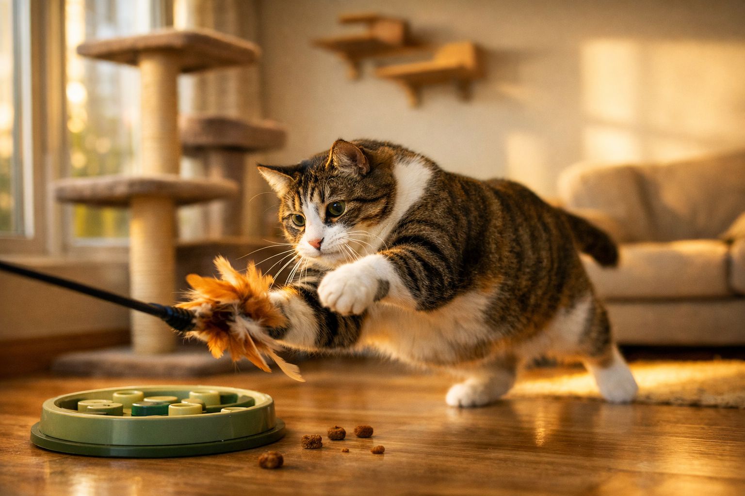 Gato tigrado a brincar com brinquedo de penas, num interior acolhedor e iluminado pelo sol.