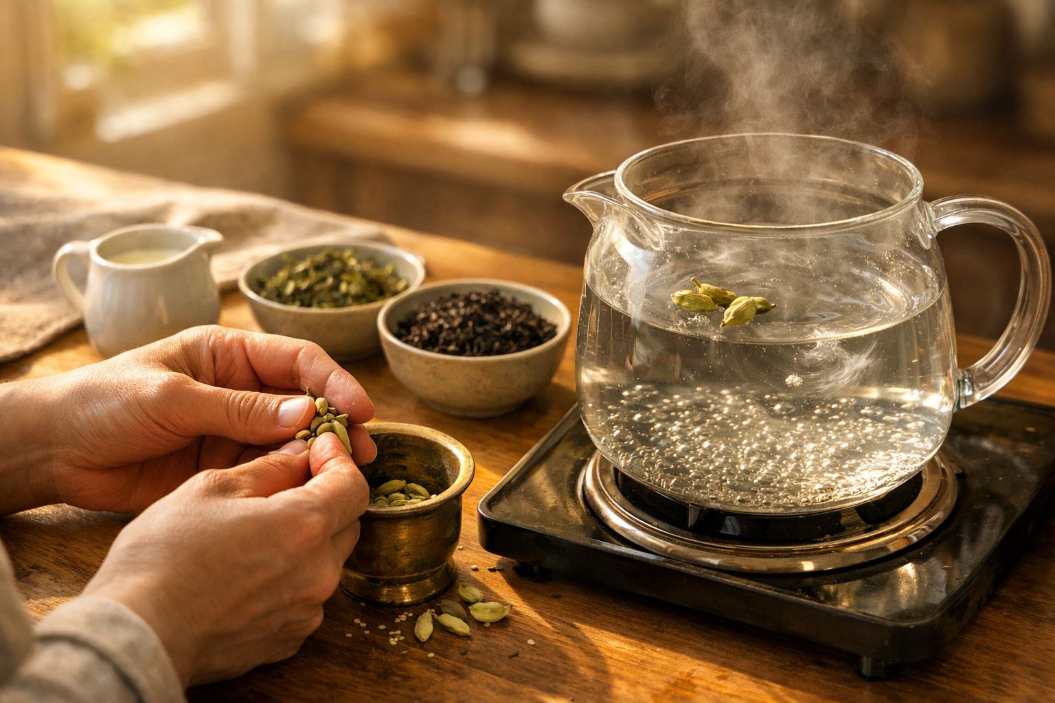 Mãos a descascar cardamomo ao lado de uma chaleira com água a ferver e tigelas de especiarias em bancada de madeira.