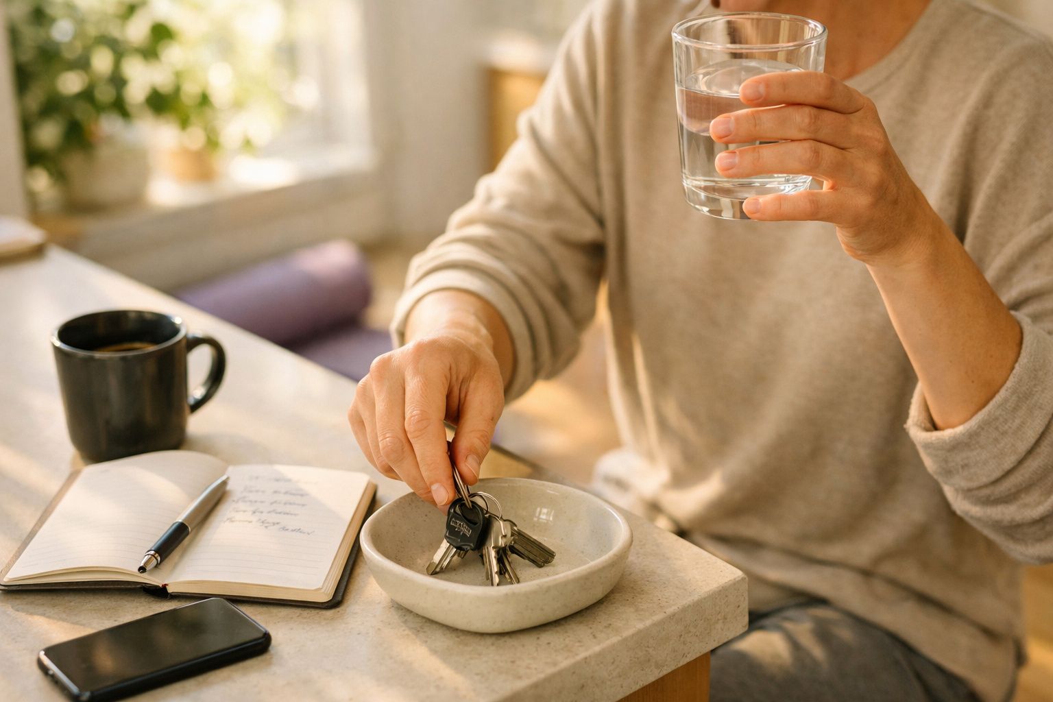 Pessoa segura copo de água enquanto coloca chaves numa tigela; ao lado, caderno aberto e caneca de café.