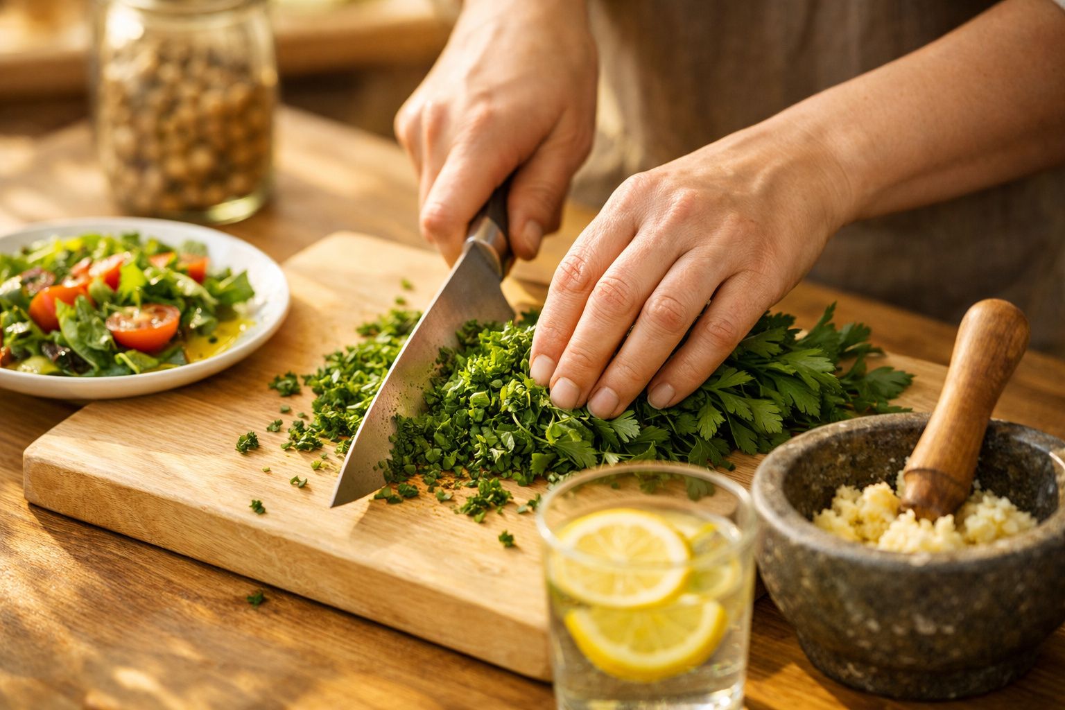 Mão feminina a cortar ervas frescas numa tábua de madeira, com salada e jarro de limonada ao fundo.