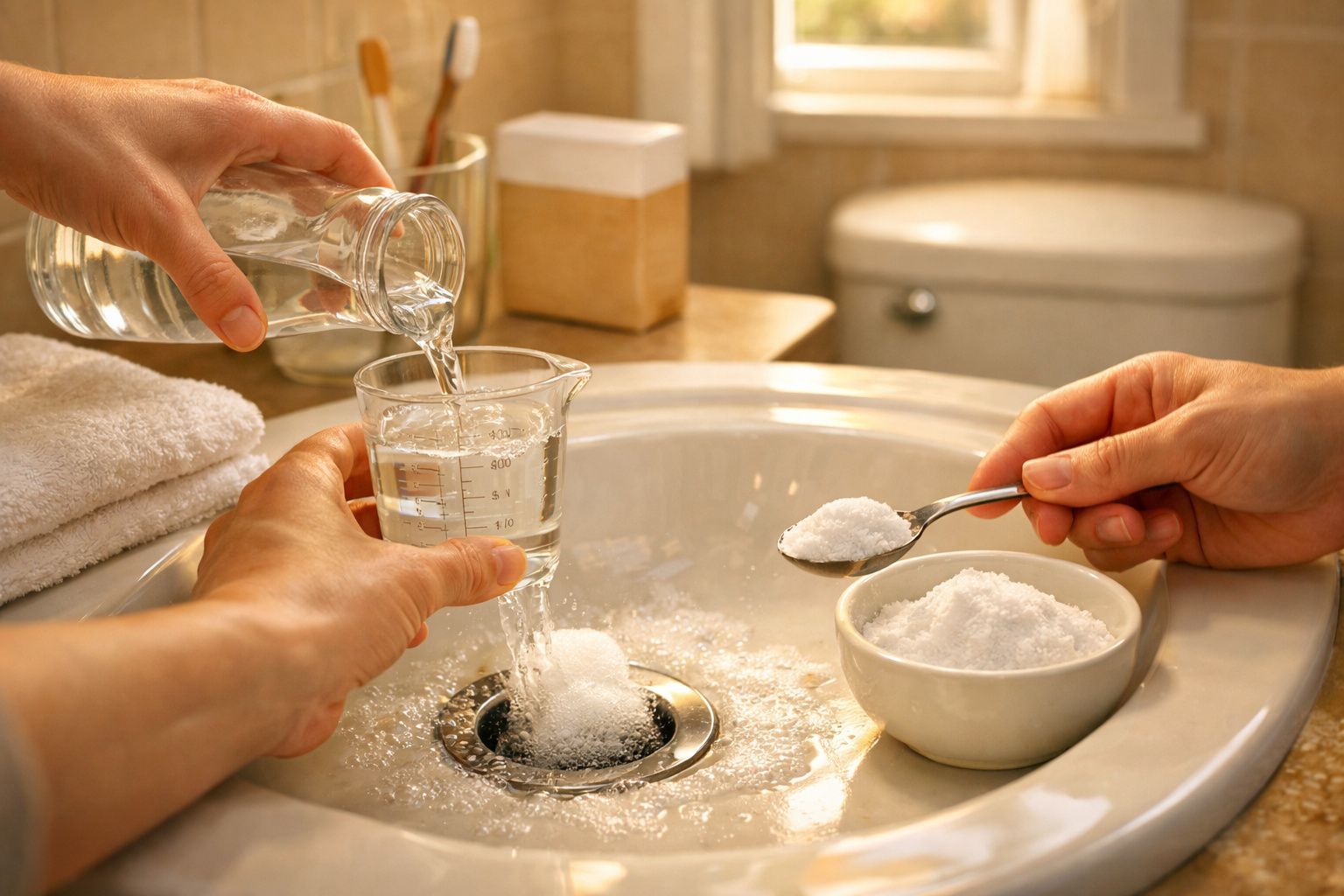 Pessoa despejando água num copo medidor sobre pia, enquanto outra segura colher com pó branco.