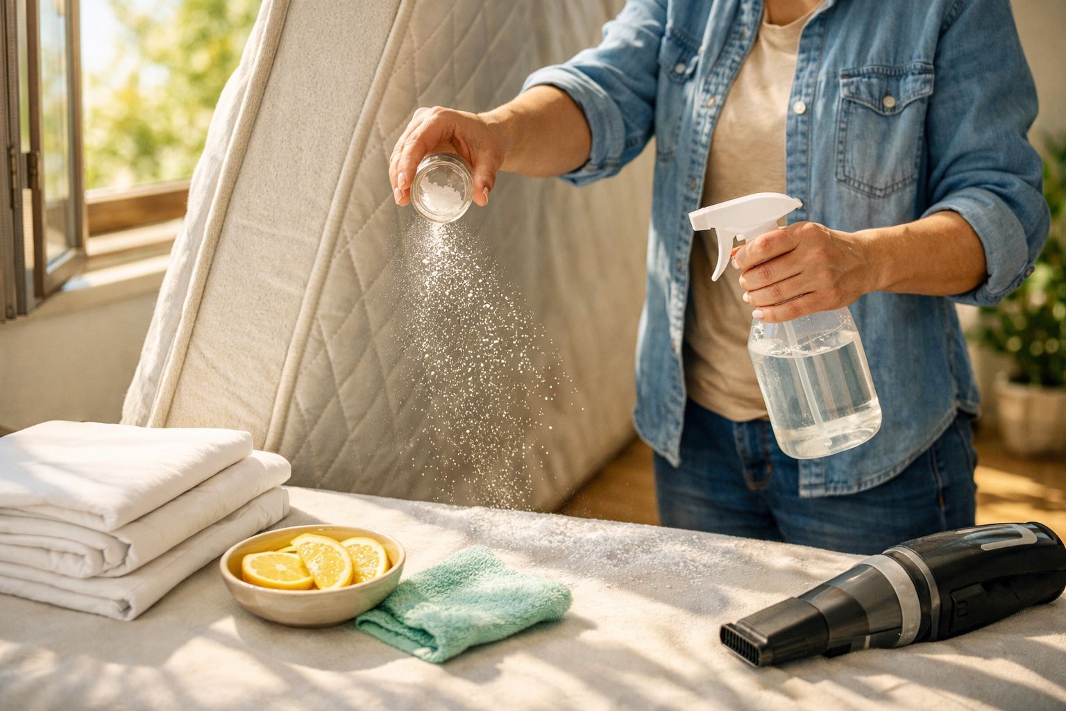 Mãos limpam um colchão com bicarbonato de sódio e spray de água. Fundo com toalhas, secador e caixa em mesa.