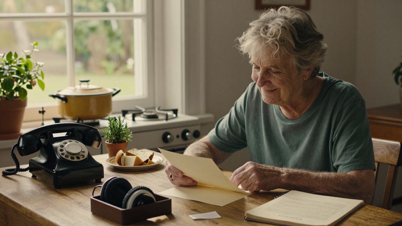 Senhora idosa sentada à mesa, sorrindo enquanto lê uma carta. Há um telefone antigo e plantas ao seu redor.