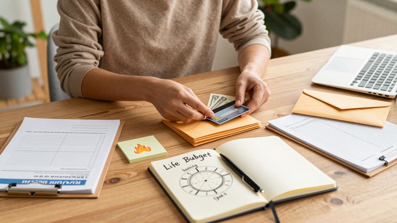Pessoa a organizar finanças com dinheiro, cartão de débito e envelopes num escritório. Caderno de orçamento visível na mesa.