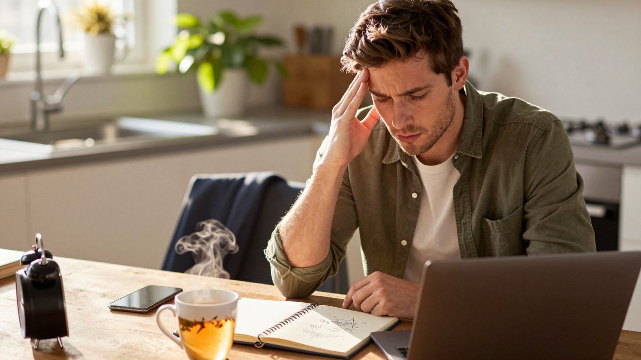 Homem sentado à mesa, com a mão na testa, olhando um caderno. Há um portátil e uma chávena na mesa.