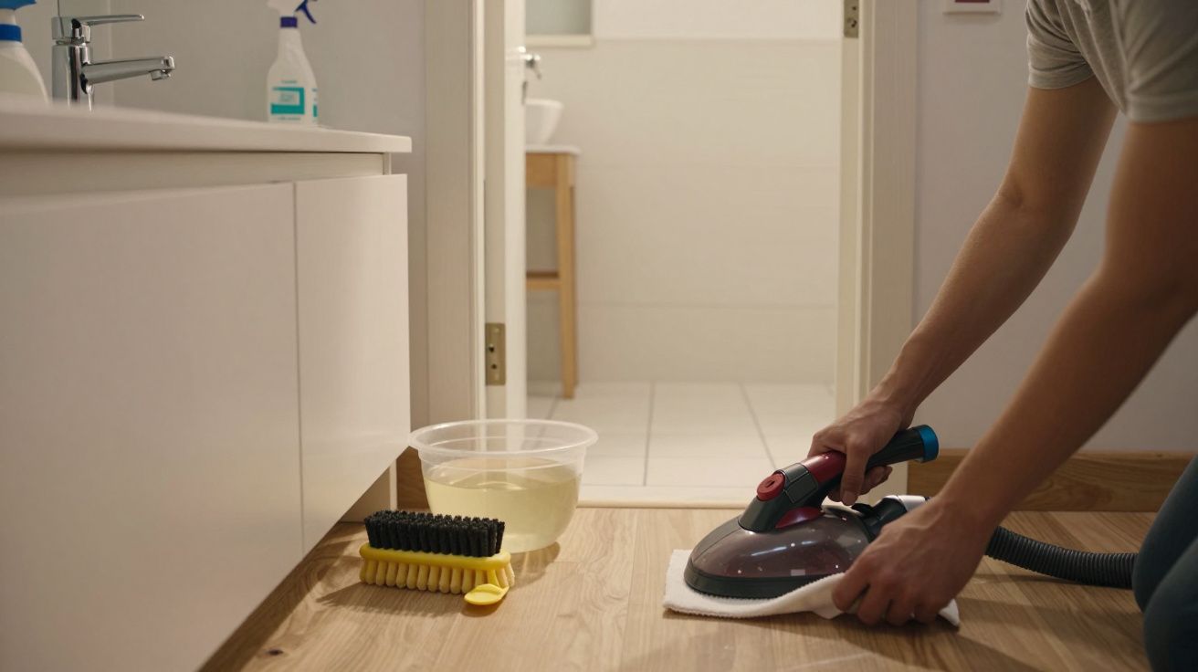 Pessoa a limpar o chão de madeira com um vaporizador, próximo a um balde de água e uma escova, junto a uma casa de banho.