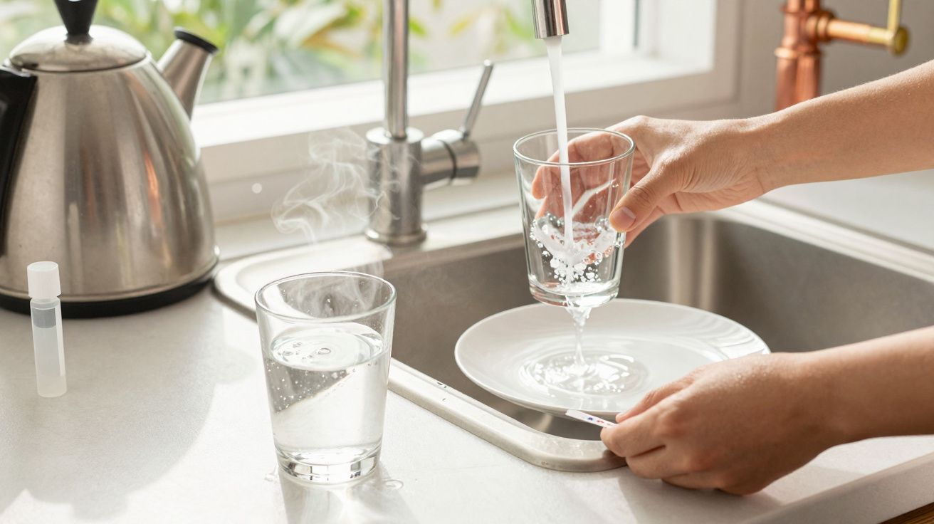 Mãos lavando copo de vidro com água corrente na cozinha, chaleira ao fundo.