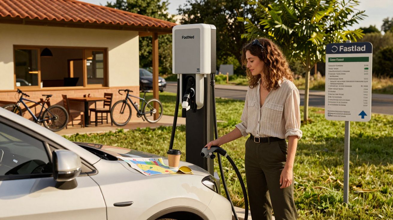 Mulher carrega carro elétrico num posto de carregamento, mapa e café no capô, bicicletas ao fundo.