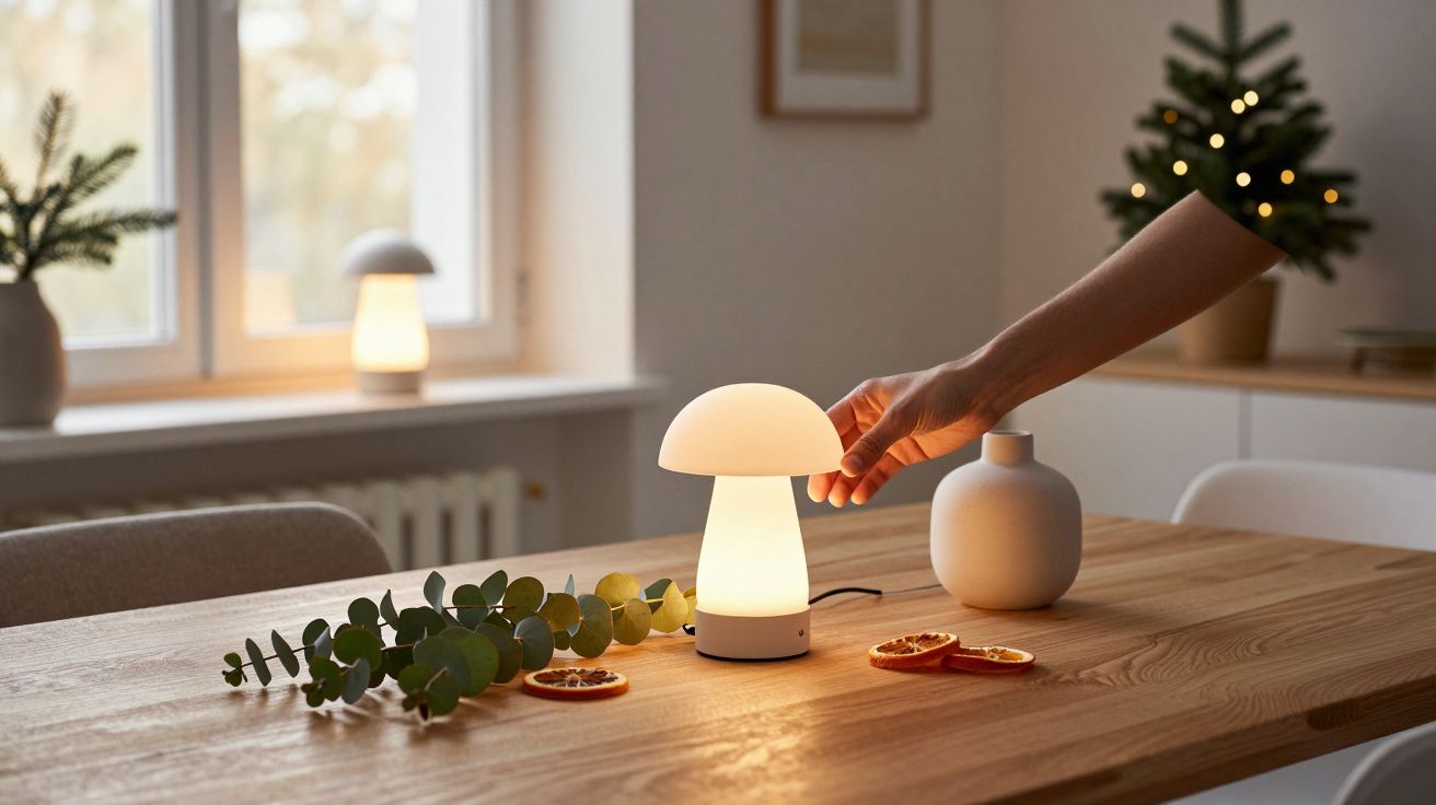 Mão acende lâmpada de mesa numa sala com árvore de Natal e janelas ao fundo, decoração natalícia no tampo.