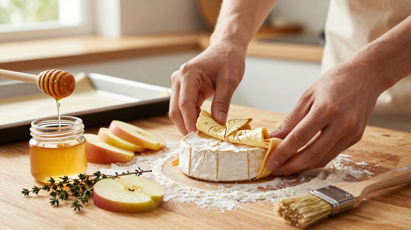 Pessoa prepara queijo Brie com fatias de maçã e mel numa bancada de madeira.