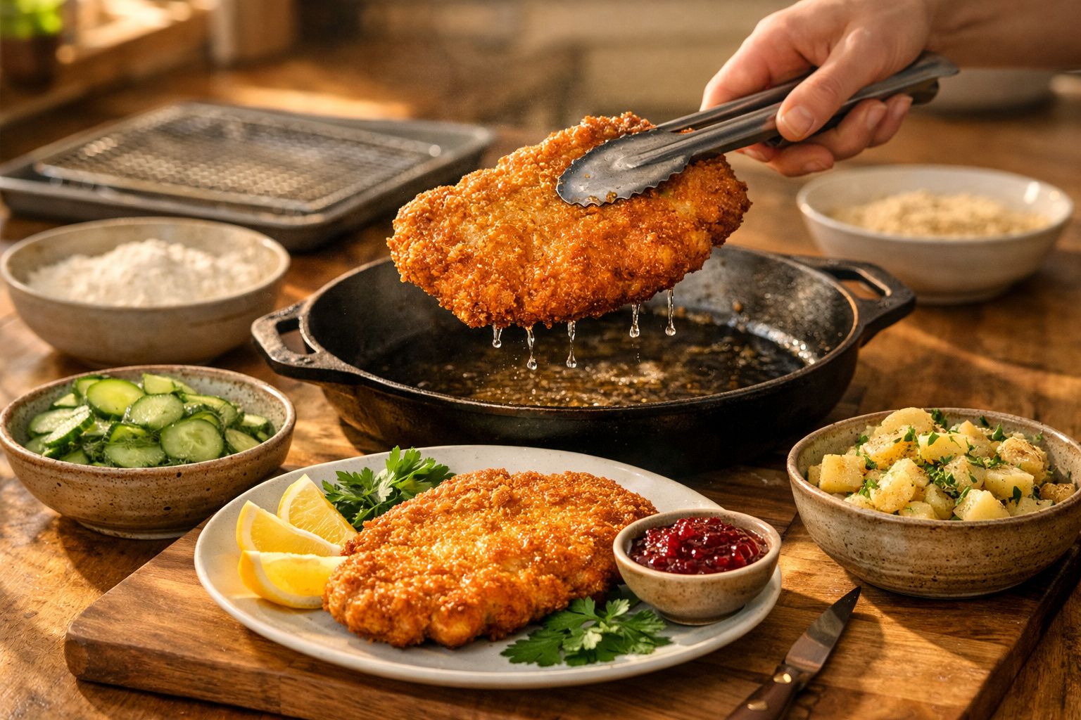 Pessoa a segurar schnitzel dourado com pinças. Ingredientes adicionais estão em volta.