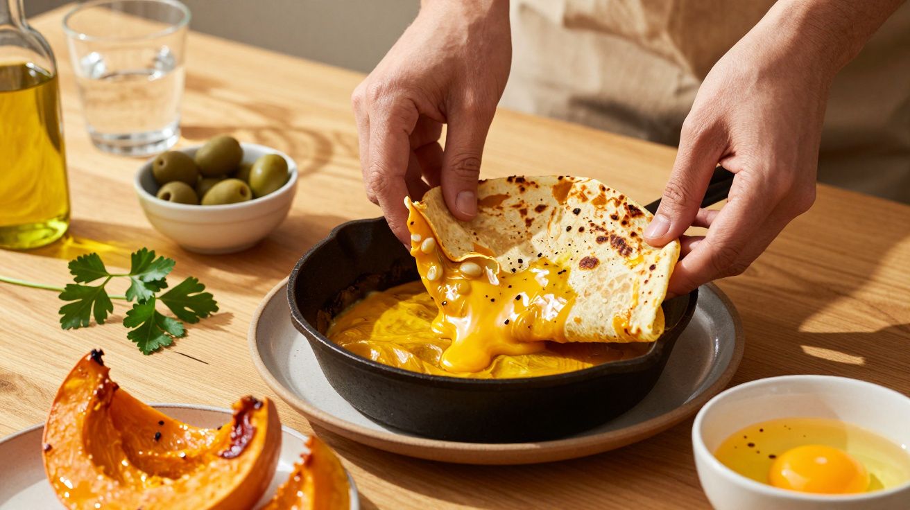 Mãos dobram uma panqueca com ovo em frigideira; mesa com abóbora, azeitonas e azeite.