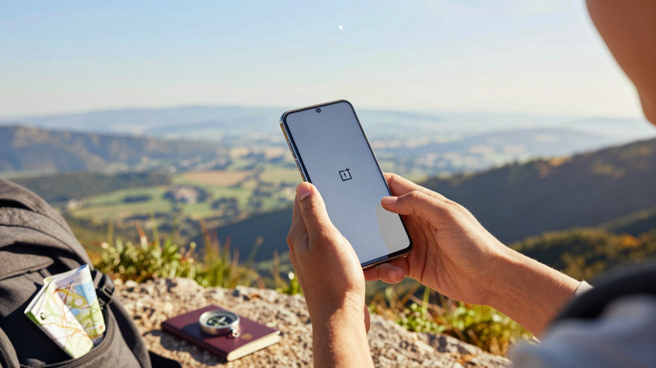 Pessoa segura smartphone com logótipo na tela, sentado ao ar livre. Mochila, mapa e bússola ao lado. Paisagem ao fundo.