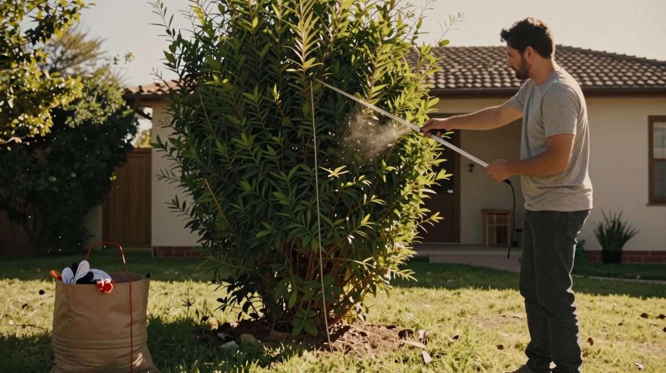 Homem a regar uma árvore no jardim com uma mangueira.