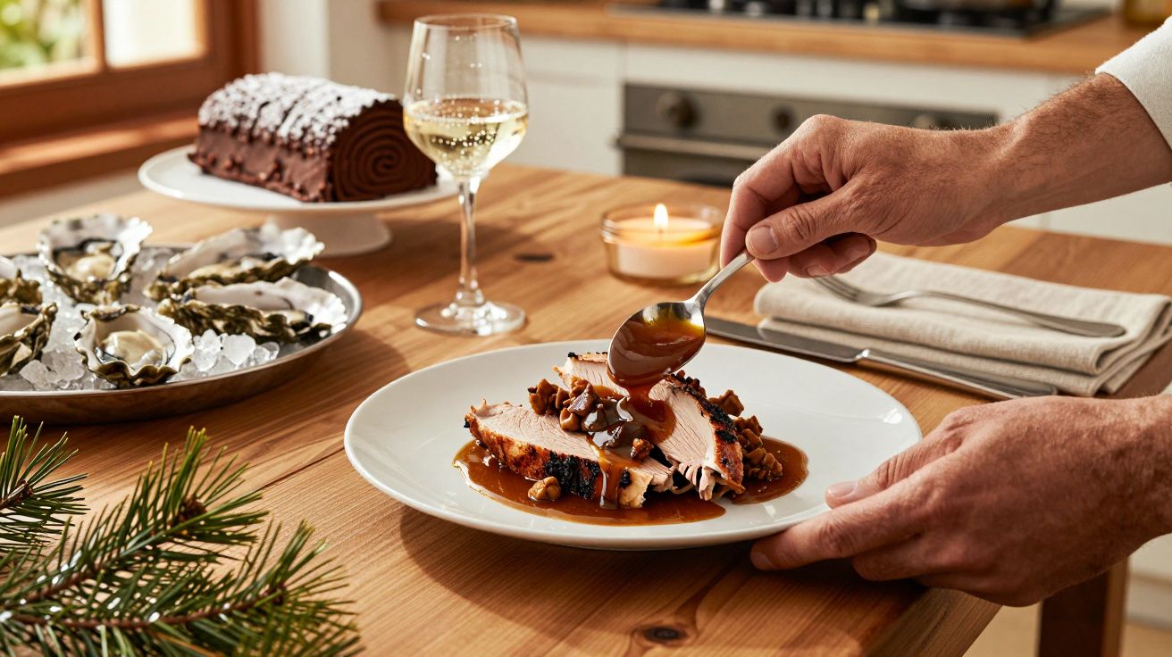 Pessoa a servir molho sobre fatias de carne com cogumelos, ao lado de ostras e tronco de Natal, com copo de vinho.