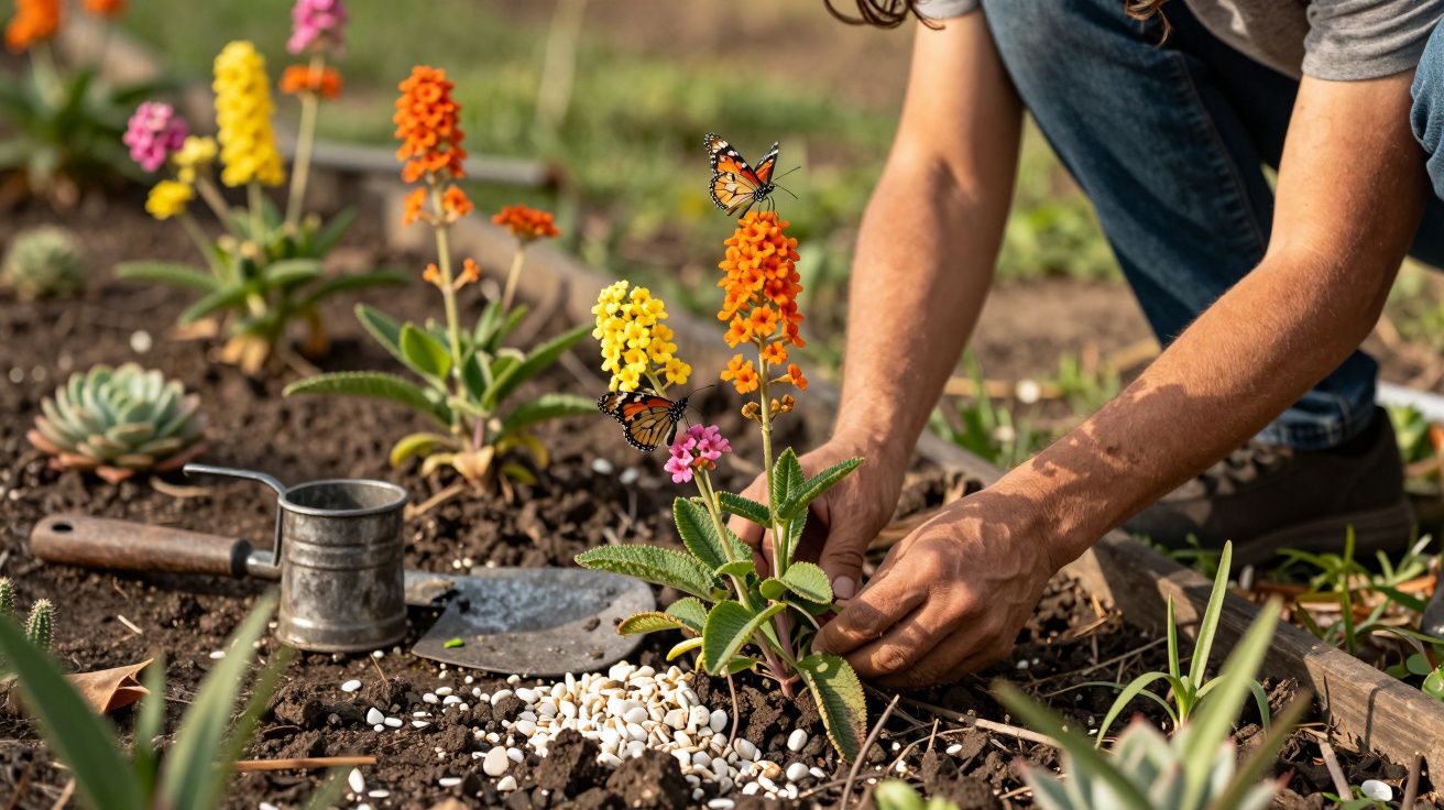 Pessoa a plantar flores coloridas em jardim, rodeada de borboletas, regador e pá ao lado.