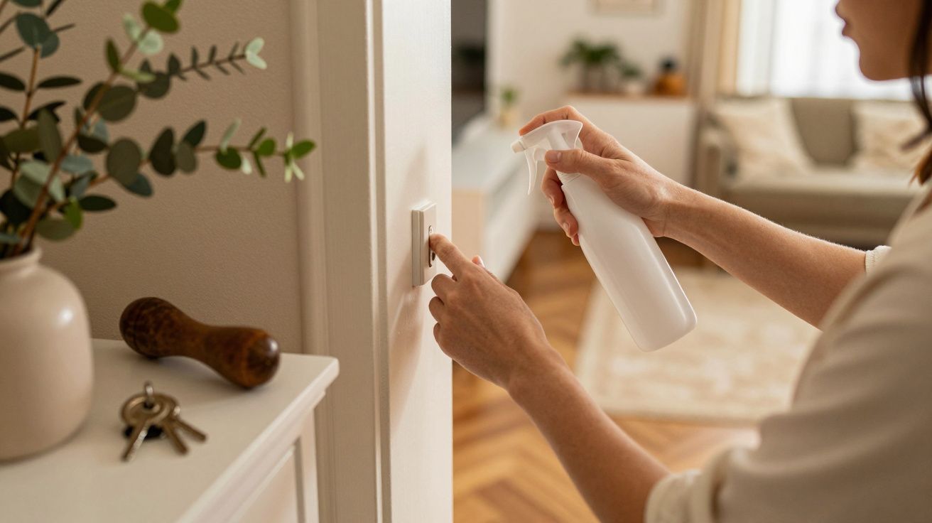 Pessoa a desinfetar um interruptor de luz com spray, numa sala com plantas e uma mesa.