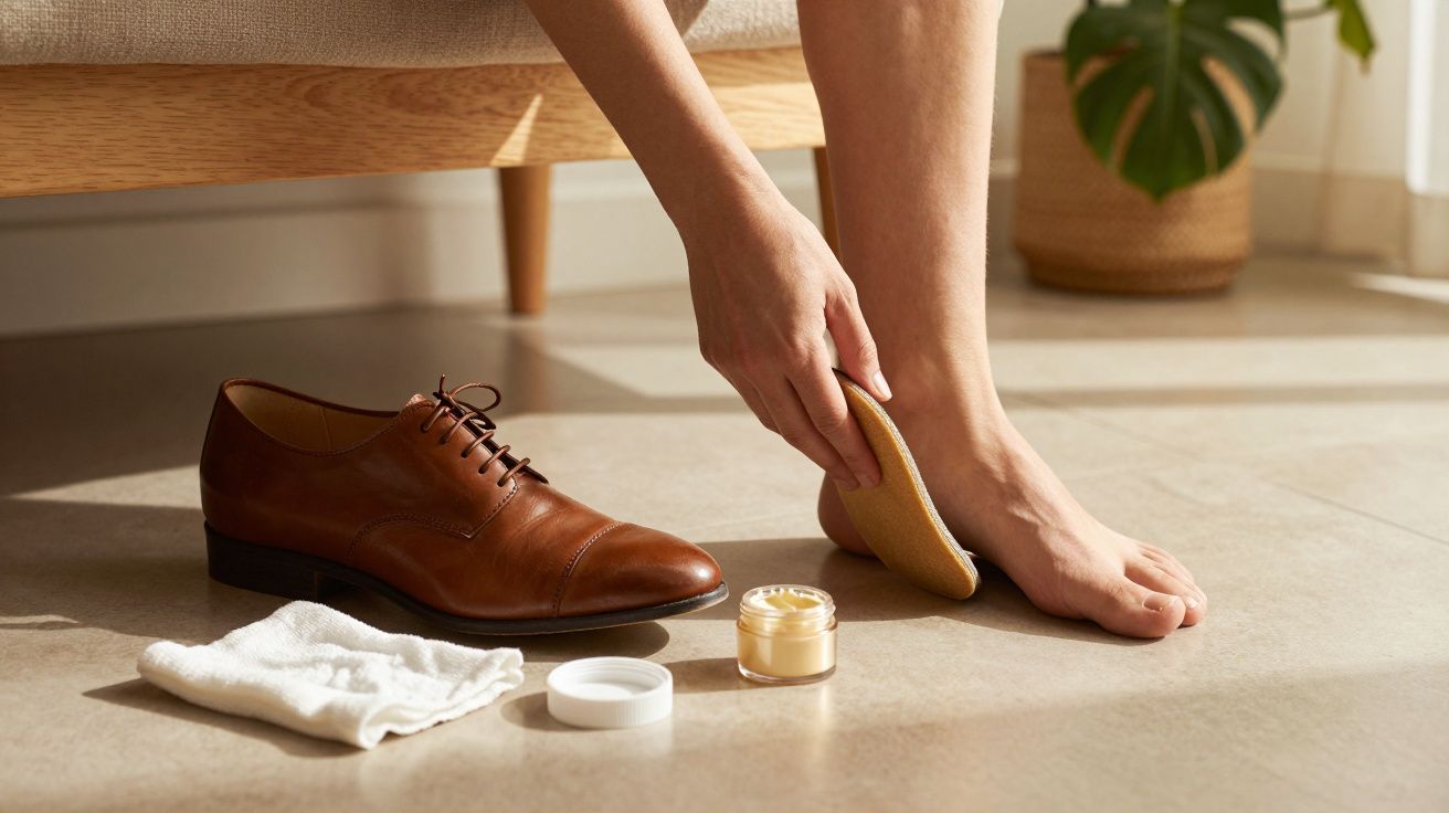 Pessoa colocando palmilha no sapato marrom, ao lado de um pote de creme e pano branco, piso cerâmico e planta ao fundo.