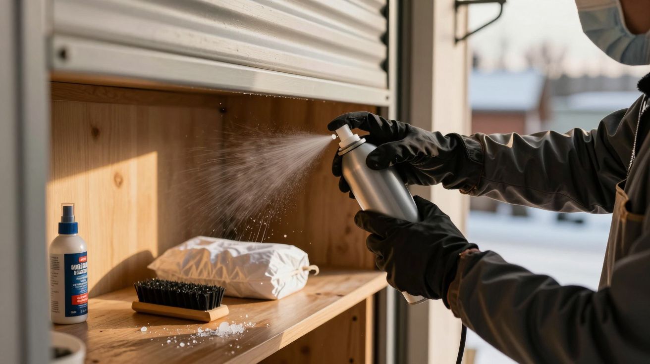 Pessoa com luvas e máscara usa spray em prateleira de madeira, ao lado de escova e produtos de limpeza.