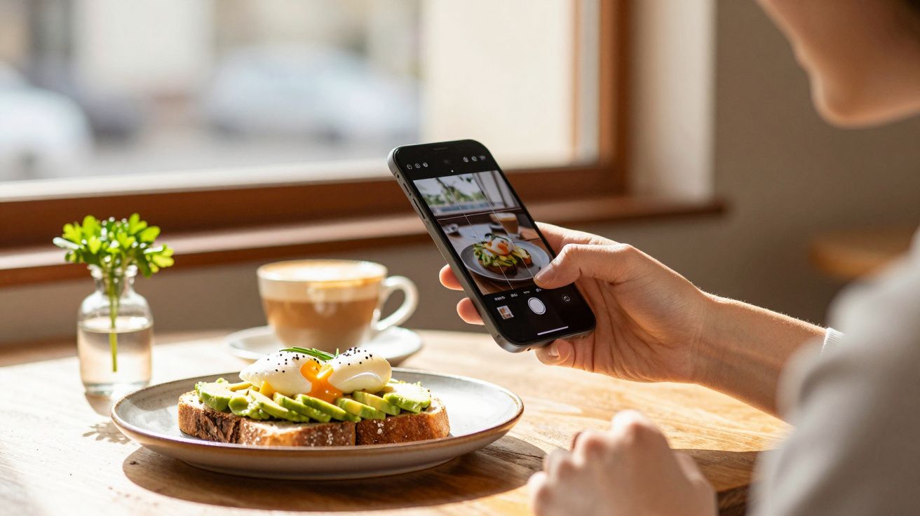 Pessoa tira foto de torrada com abacate e ovo escalfado em mesa de café, com planta e cappuccino ao fundo.