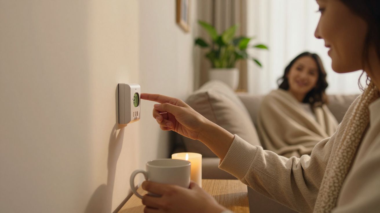 Mulher ajusta termóstato na parede enquanto outra está no sofá; ambas parecem relaxadas.