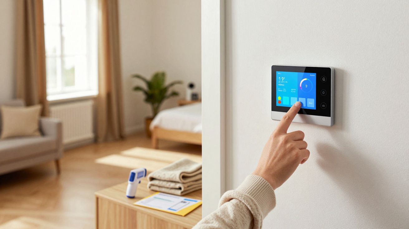 Pessoa ajusta termostato digital na parede de uma sala bem iluminada com decoração moderna.