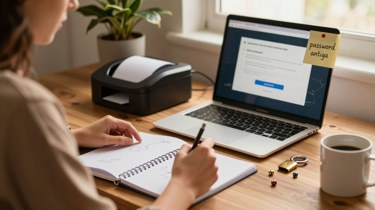 Pessoa escreve num caderno à secretária com portátil, impressora, chávena de café e nota com "password antiga".