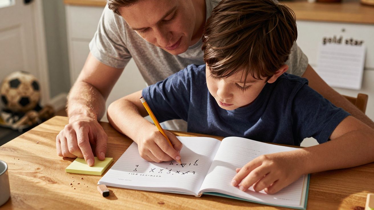Pai e filho fazendo trabalhos de casa de matemática juntos numa mesa de madeira, com bloco de notas e lápis.