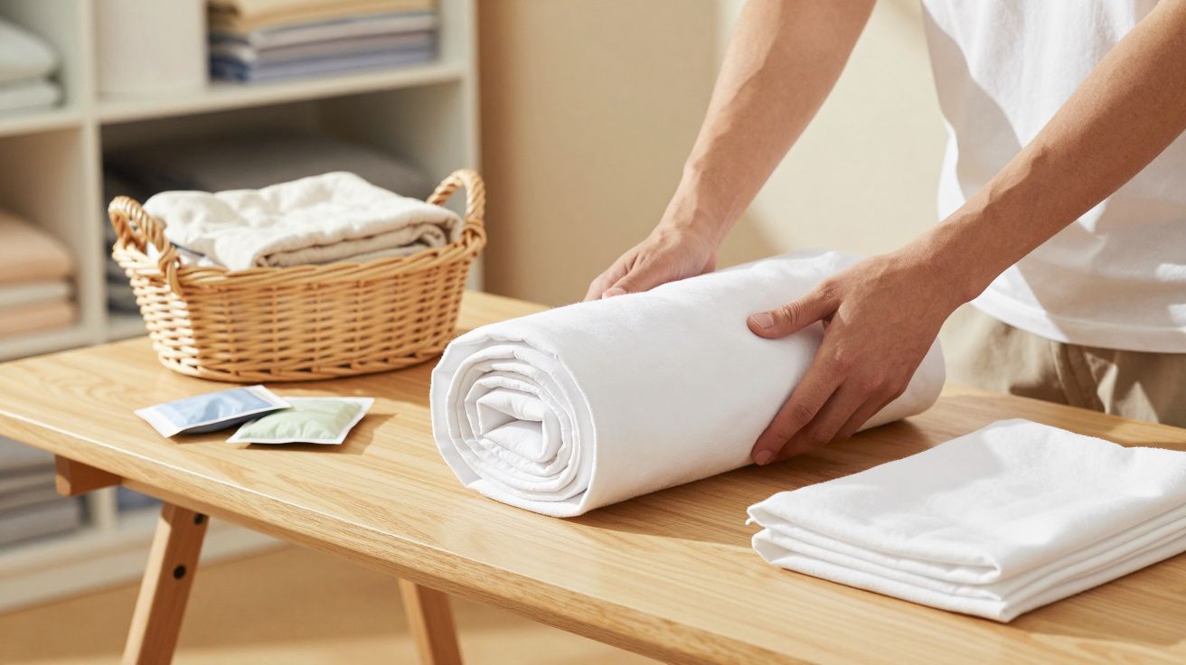 Pessoa a enrolar toalhas brancas numa mesa de madeira, com cesto de roupa ao fundo e envelopes coloridos ao lado.