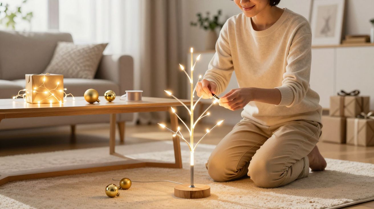 Mulher a decorar uma árvore de Natal iluminada numa sala com presentes e decorações.