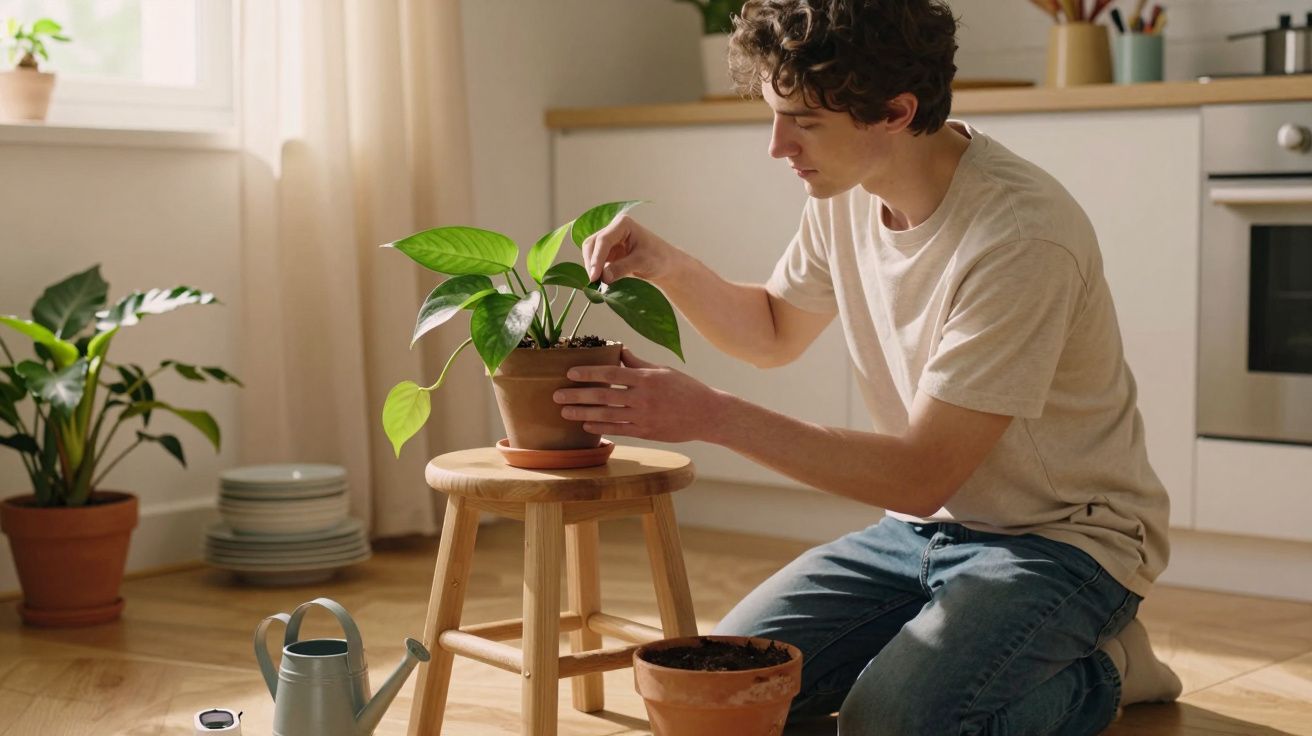 Homem sentado no chão cuida de uma planta em vaso, numa cozinha iluminada.