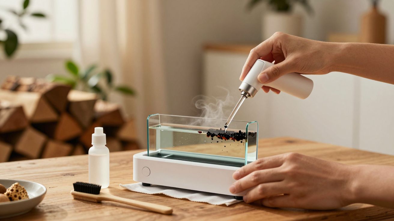 Mãos usam um dispositivo para adicionar grãos de chá preto em recipiente de vidro com água quente, sobre uma mesa de madeira.