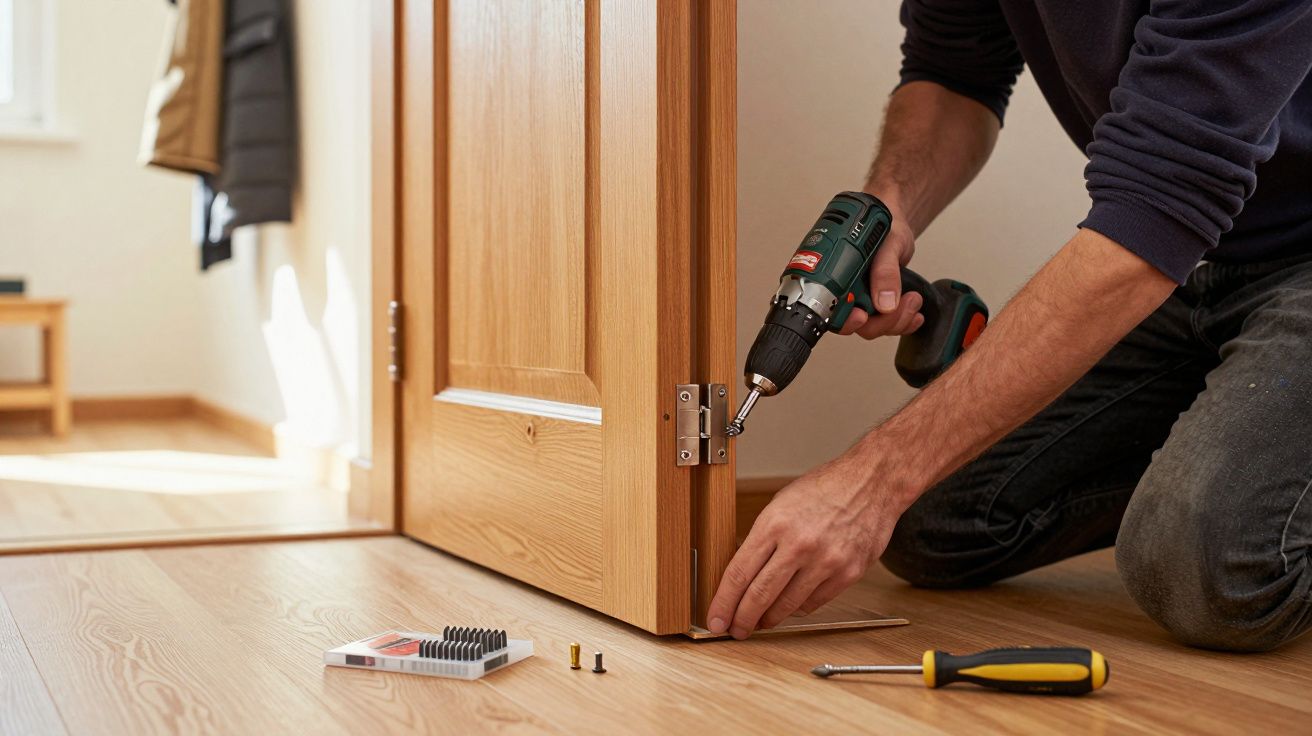 Pessoa instala dobradiça de porta de madeira com berbequim, ferramentas e parafusos no chão.