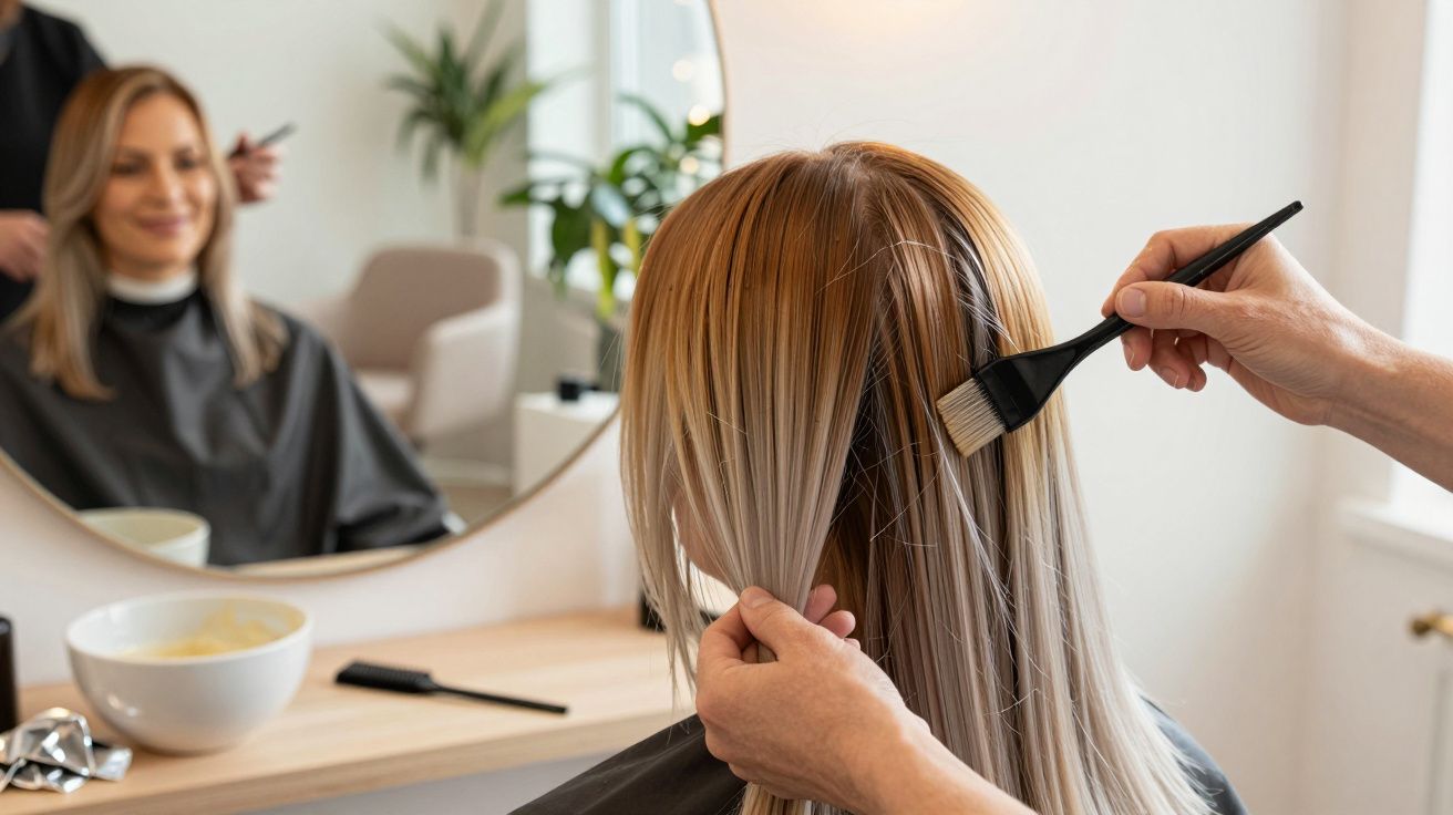 Mulher no cabeleireiro recebe coloração de cabelo, refletida num espelho com planta ao fundo.