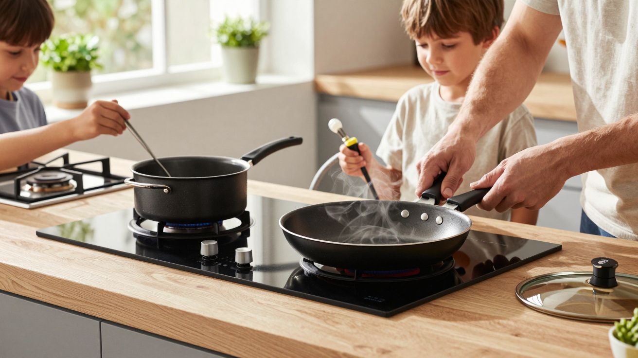 Crianças cozinham com um adulto numa cozinha moderna, segurando panelas e ferramentas de cozinha sobre o fogão.